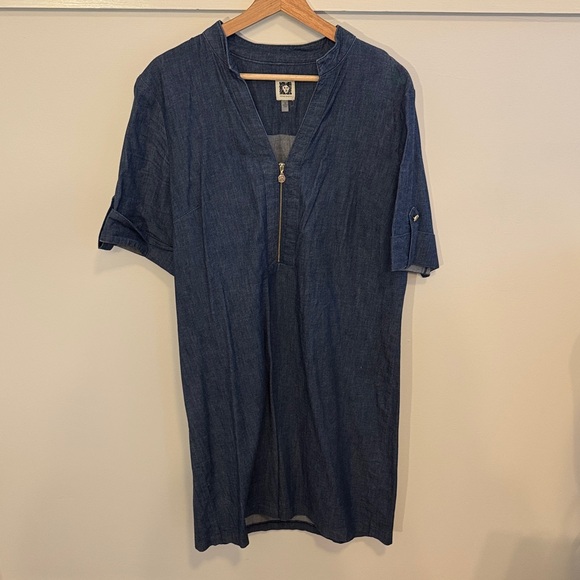 Anne Klein Dresses & Skirts - Anne Klein Denim Shift Dress Blue Zip Front Roll Tab Sleeve Chambray Size 12